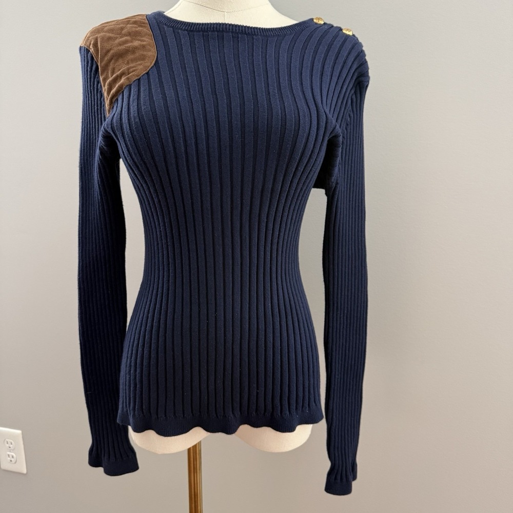 Lauren Ralph Lauren Navy Ribbed Knit Sweater Faux Leather Patch Gold Buttons L